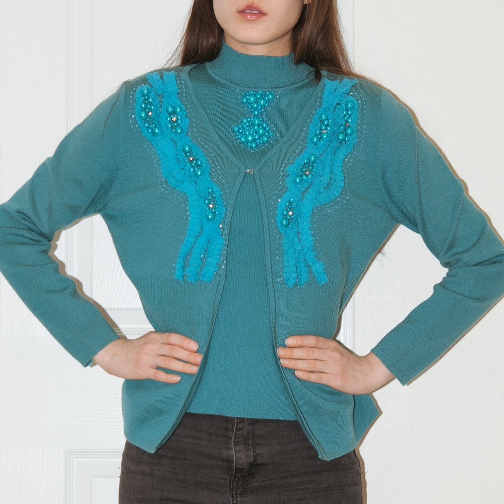 Vintage 90s to 2000s y2k turquoise beaded knit cardigan and short sleeve top set